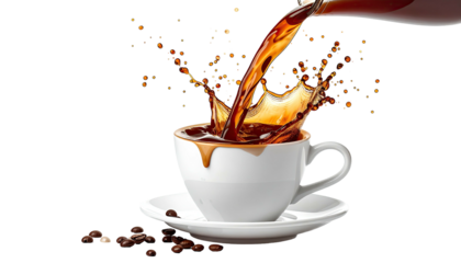 Coffee poured into a white cup, causing a splash, with beans scattered