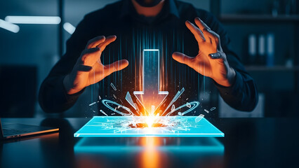 Businessman hands controlling a glowing hologram of a downward arrow crashing into a digital surface representing market recession and economic crisis