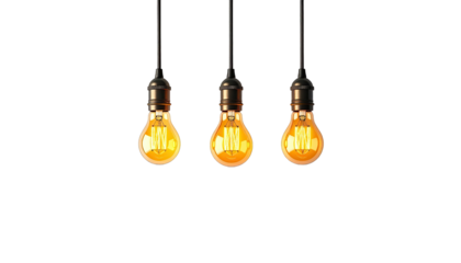 Three glowing Edison-style lightbulbs hanging from dark wires on black