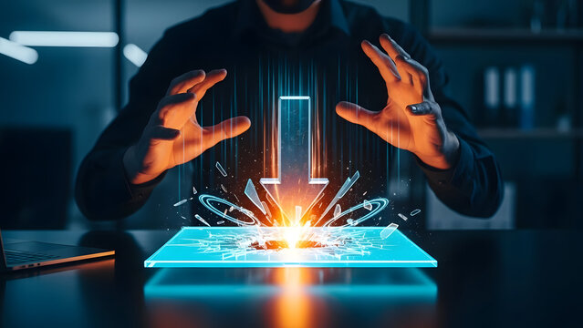 Businessman hands controlling a glowing hologram of a downward arrow crashing into a digital surface representing market recession and economic crisis