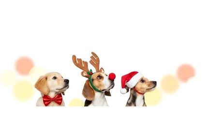Festive Dogs in Santa Hat and Antlers on White Background