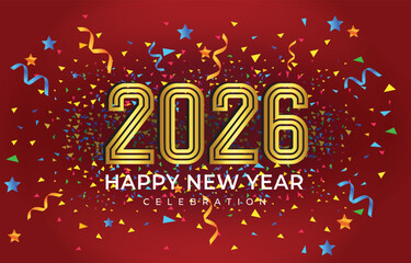 happy new year 2026 celebration background with shiny golden text and party ornament