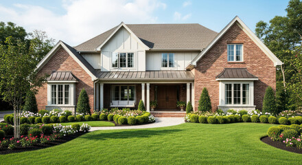 Obraz premium A large, two-story brick house with a green roof and white trim, surrounded by a well-maintained lawn and landscaped gardens.