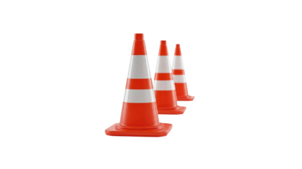 Traffic cones in a row on Transparent Background