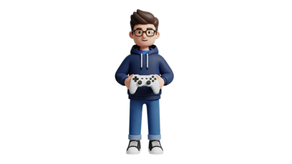 3D Boy Character with Video Game Controller on transparent background
