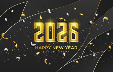 happy new year 2026 background with golden text and modern design
