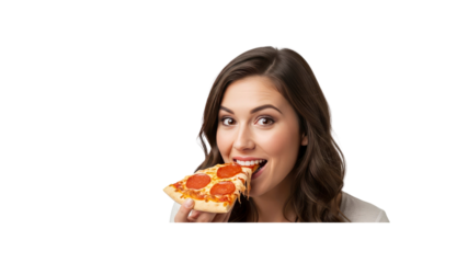 Woman eats a slice of pepperoni pizza