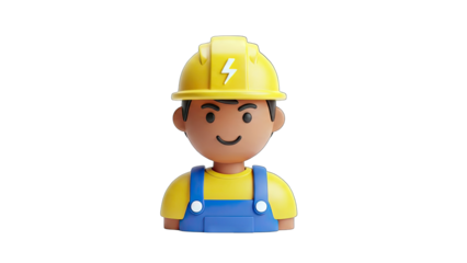 3D Cartoon construction worker with hard hat on transparent background