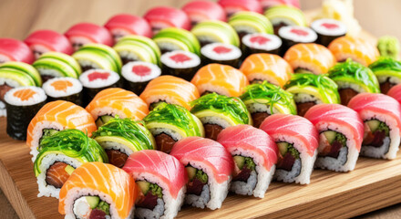 A colorful assortment of sushi rolls on a wooden tray.