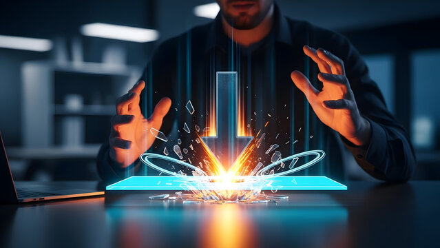 System failure concept with glowing digital arrow crashing into virtual interface representing cyber attack and server breakdown - Powered by Adobe