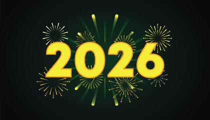 2026 Happy New Year with Bold Golden Numbers, Radiant Fireworks on Dark Background