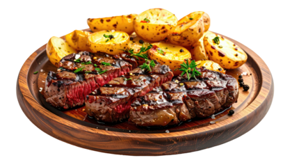 Juicy, grilled steaks with roasted potatoes on a wooden platter
