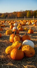 Autumnal abundance: A scenic vista of pumpkins in a sprawling field with golden light