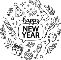 Happy New Year Decorative Hand Drawn Illustration with Party Icons