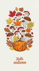 Autumnal arrangement of pumpkin, mushrooms, vibrant leaves and berries creating warm seasonal