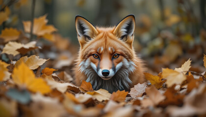 Cunning red fox peeking through vibrant autumn leaves in forest