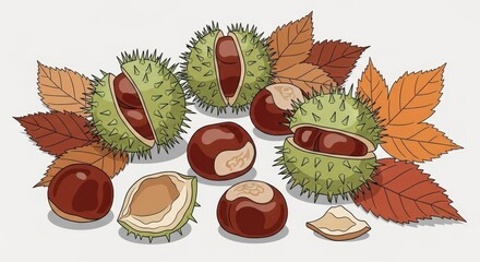 Autumnal arrangement of horse chestnuts in spiky shells and falling leaves artistic nature scene