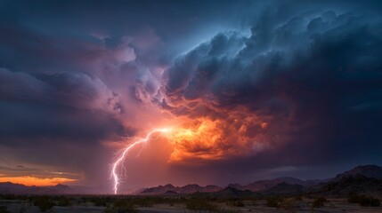 Obraz premium Dramatic lightning storm over desert landscape