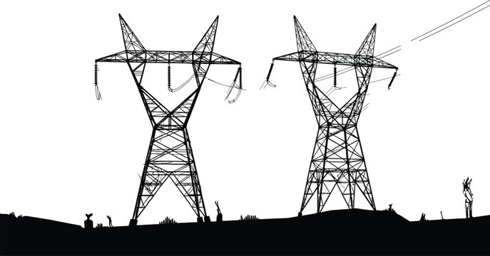 Transmission tower silhouettes, high voltage pylons, electrical infrastructure, power grid landscape, utility structure, energy distribution, lattice tower design, rural terrain