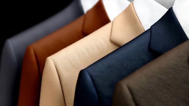 Collection of tailored suits in various colors displayed in a row with focus on detailing and design