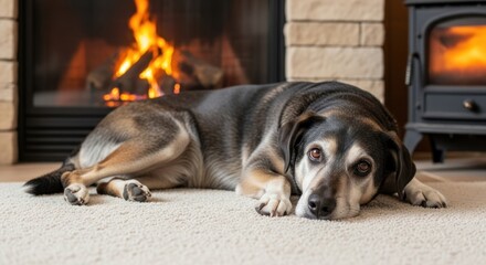 A dog lying on a carpet in front of a fireplace.