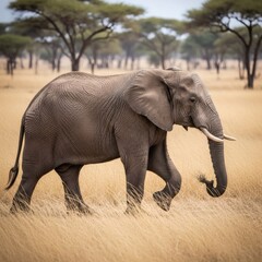 Fototapeta premium Wild African elephant walking through dry savanna grass