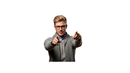 Man points with both hands at the viewer