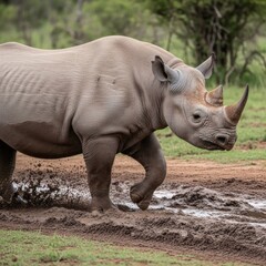 Obraz premium Black Rhinoceros Walking Through Muddy Savanna Habitat