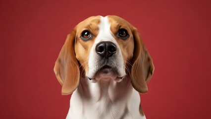 Beagle Dog Profile Portrait on Red Background