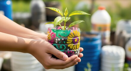 Hands holding a colorful, decorated plastic bottle with a plant inside.
