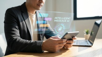 Businessman using smartphone with intelligent message AI technology