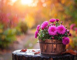 Pink chrysanthemums in wooden pot, sitting on a stump, in rain