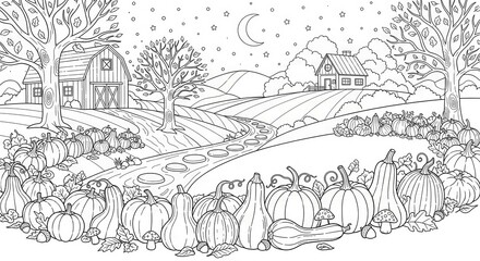 Autumnal harvest scene with pumpkins barn and house ready for creative coloring