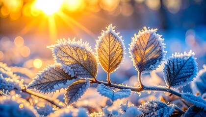 Frost-covered leaves under pale winter sunrise