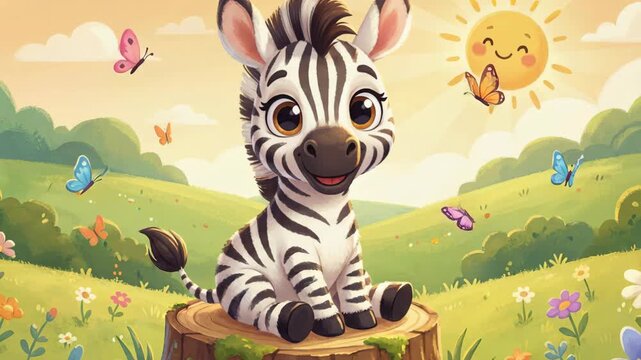 Adorable baby zebra sits on a tree stump in a sunny meadow surrounded by colorful wildflowers and fluttering butterflies under a smiling