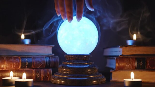 Mystic hand holding crystal ball.