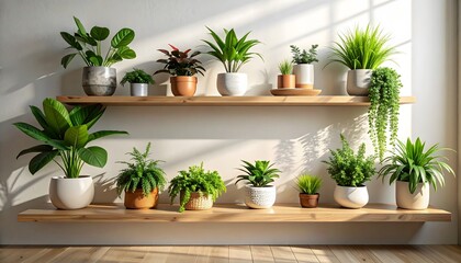 Indoor plant shelf styled with decorative elements