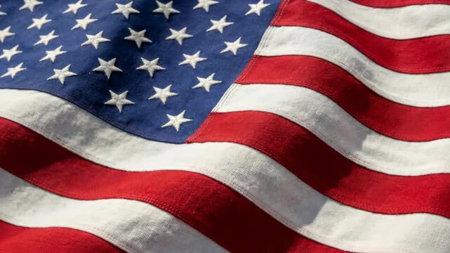 Close Up Detailed View of the American Flag Waving Gently Showing Red White and Blue Colors and Stars Pattern on a Textured Fabric Surface