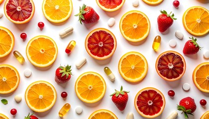Assorted Vitamin Capsules Paired with Fresh Fruits Representing Nutrition and Wellness Lifestyle