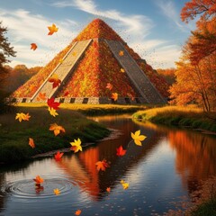 Autumnal Pyramidscape: A mosaic of foliage on ancient structure against serene waters