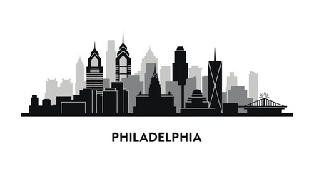 Naklejka premium Monochromatic silhouette of Philadelphia city skyline with prominent skyscrapers and buildings on a white background.