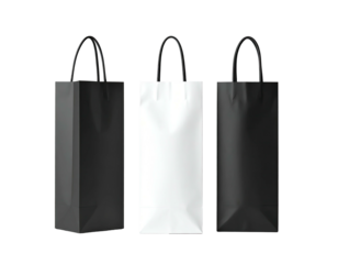 Three tall paper bags, two black and one white, with black handles