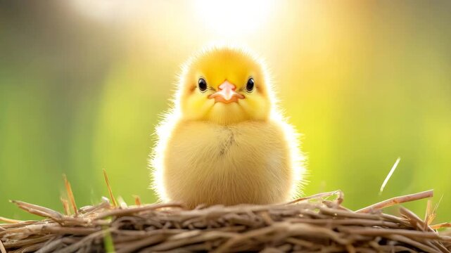Small yellow chick sitting on a nest with sunlight in the background during morning hours in a natural setting