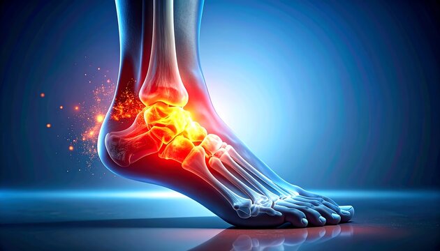 X-Ray Style Medical Illustration of Human Foot Highlighting Pain Points and Injury Areas