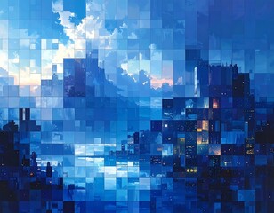 Pixelated city skyline with blue sky and cloud formation