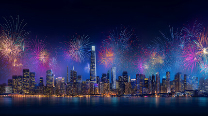 Obraz premium New York City skyline at night with vibrant fireworks display over Hudson River, colorful lights reflecting on water, urban celebration, festive atmosphere, cityscape