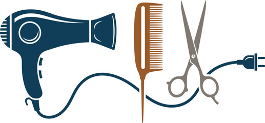 Hair styling tools a blow dryer comb and scissors for salon or personal grooming and hairstyling needs every day