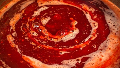 Close-up of a bubbling, red liquid in a pot, with foamy swirls around the edges. Dark and rich in color