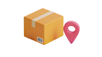 3D package and pink map pin icon on transparent background