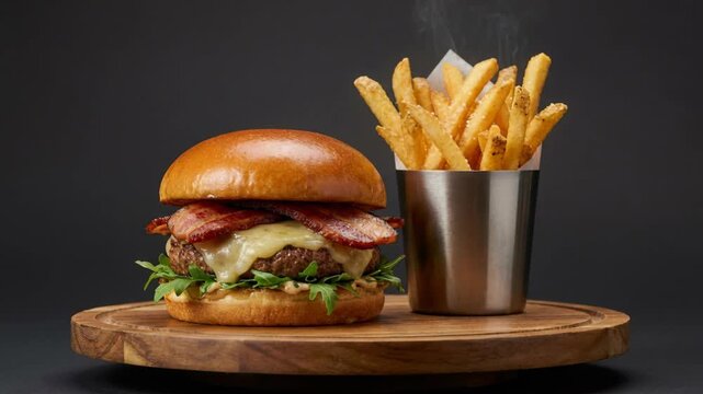 Gourmet Bacon Cheeseburger With Golden French Fries Served On A Wooden Board With Dark Background And Steaming Hot Food